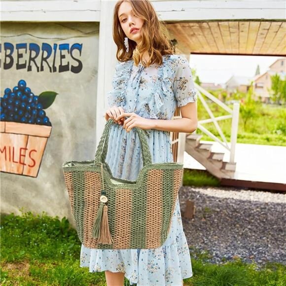 Women Straw Beach Bag Large Khaki Green - Picture 7 of 7